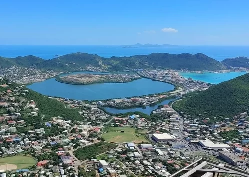 Sint Maarten, Philipsburg, Cole Bay, Simpson Bay and Great Salt Pond from the sky