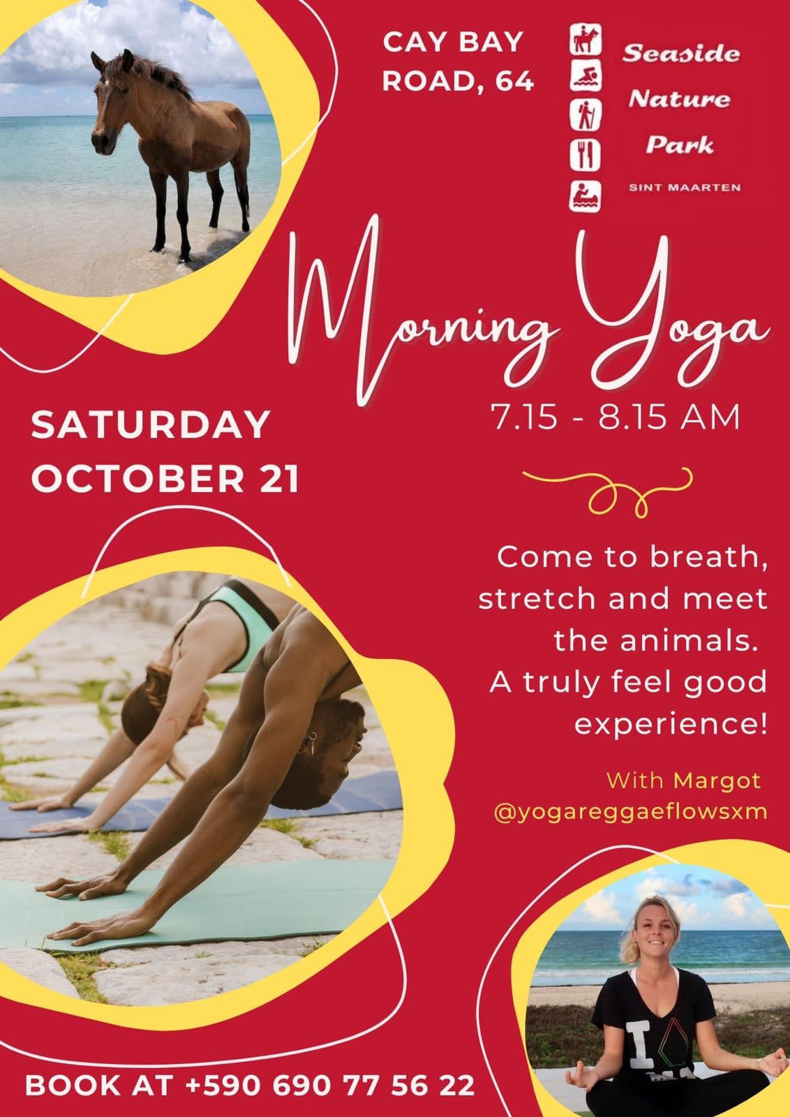 Red colored flyer with information about the Morning yoga at Seaside Nature Park Sint Maarten located near Cay Bay Beach, featuring pictures of people that do yoga and a horse