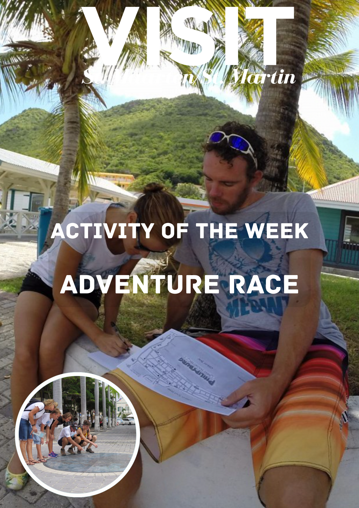 A man and a woman participating on the Adventure Race while sitting on a bench figuring out some puzzles in Philipsburg St Maarten