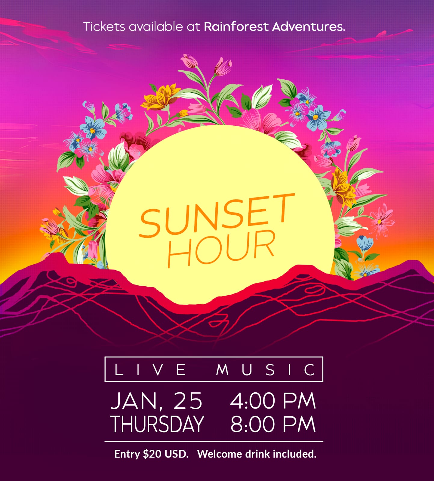 Flyer for the sunset hour at Rainforest Adventures sxm