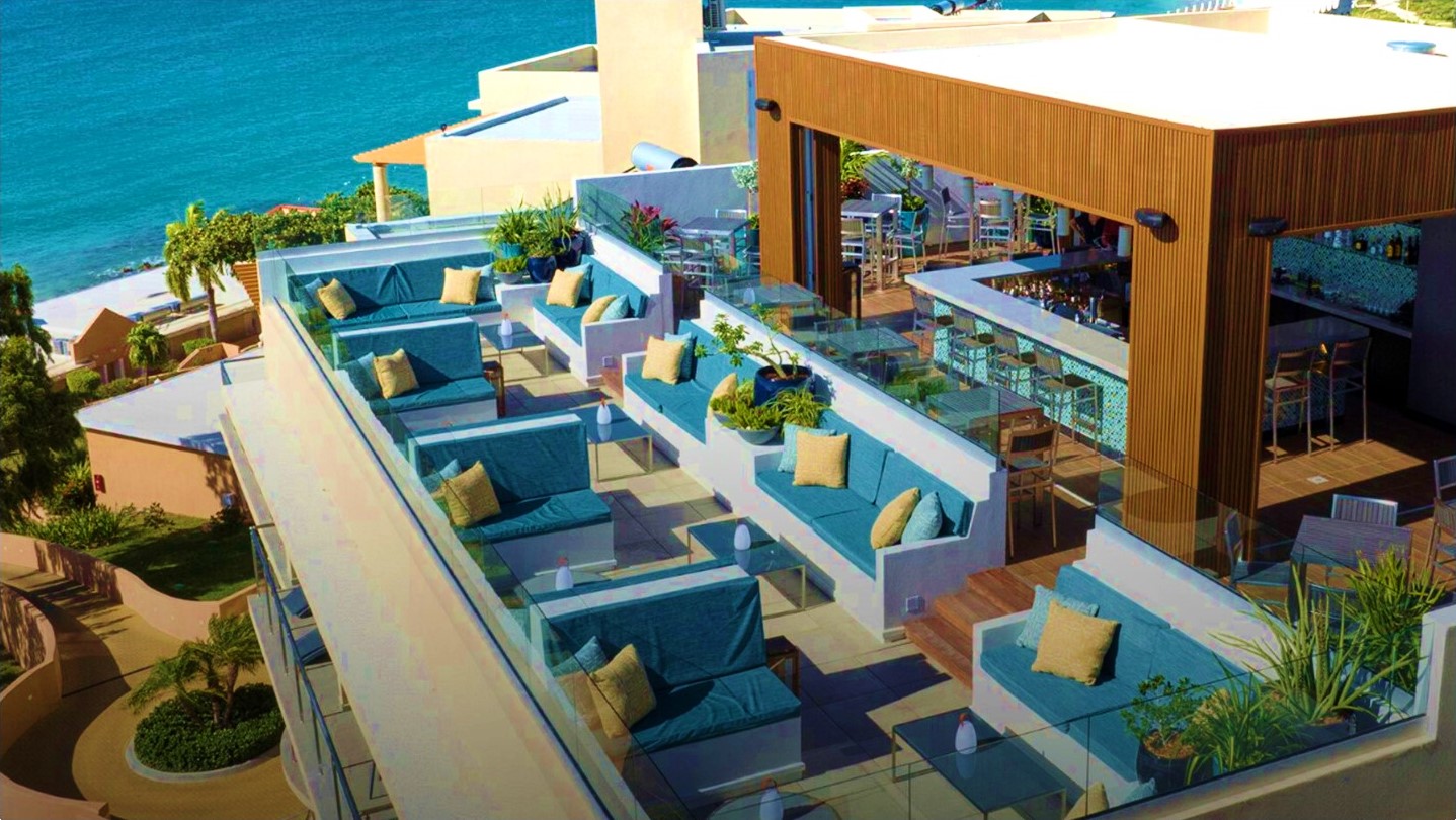 drone view at the rooftop bar where you see the chairs and bar of Mix at oceans