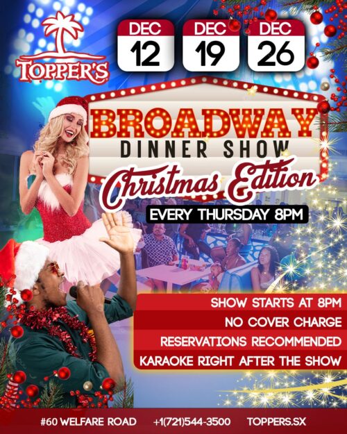 A poster from Topper's Restaurant & Bar about the Broadway Dinner Christmas Show